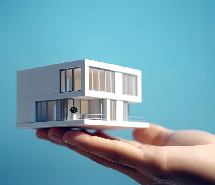 Close up of hand holding model house for represent to client, business idea concept, financial money management, building architecture, with Generative Ai.
